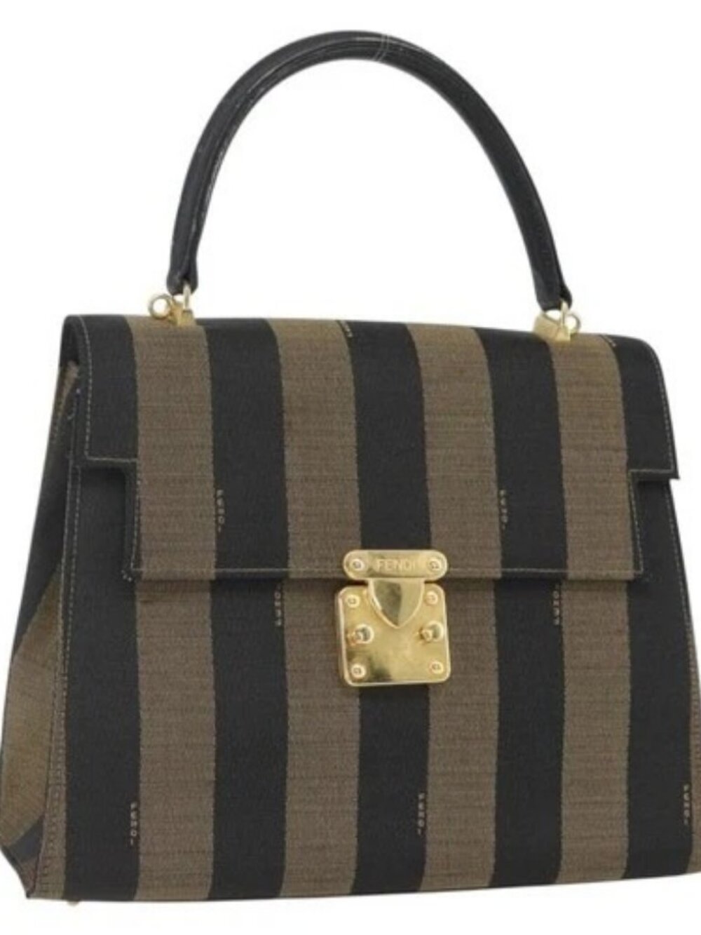FENDI Pecan Canvas Hand Bag Black Brown gold Auth 165003 - Picture 1 of 16